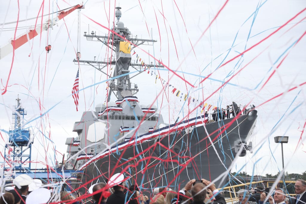 USS Carl M Levin with colorful celebration during christening