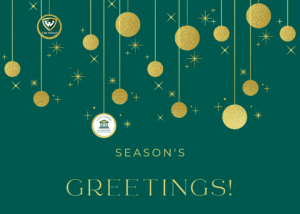 Season's greetings! message with hanging gold orbs and stars. The Wayne State Law School logo and the Levin Center logo are also hanging down