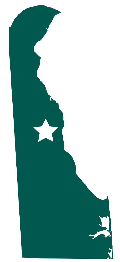 Outline of the State of Delaware with a star over the capital, Dover