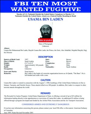 UBL wanted poster FBI wanted poster of Usama bin Laden (Source: FBI)